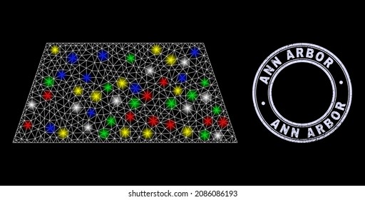 Glossy polygonal mesh net trapezoid icon with glare effect on a black background with Ann Arbor rubber seal print. Illuminated vector mesh created from trapezoid icon,