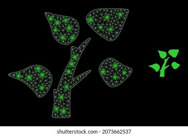 Glossy polygonal mesh net tree plant icon with glow effect on a black background. Carcass tree plant iconic vector with glamour dots in bright colors.