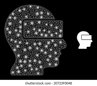 Glossy polygonal mesh net virtual reality icon with glare effect on a black background. Constellation virtual reality iconic vector with shiny spheres in bright colors.