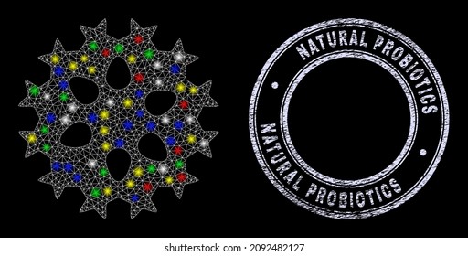 Glossy polygonal mesh net virus cell icon with glitter effect on a black background with Natural Probiotics dirty stamp seal. Illuminated vector mesh created from virus cell icon,