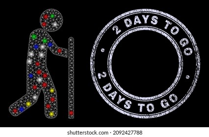 Glossy polygonal mesh net walking guy icon with glow effect on a black background with 2 Days to Go grunge stamp. Illuminated vector mesh created from walking guy icon,