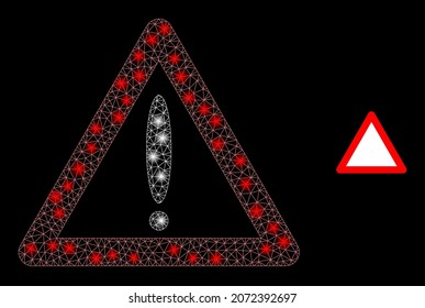 Glossy Polygonal Mesh-Netz-Warnzeichen Symbol mit Glühwirkung auf schwarzem Hintergrund. Carcass-Warnschild ikonische Vektorgrafik mit Flammpunkten in hellen Farben.