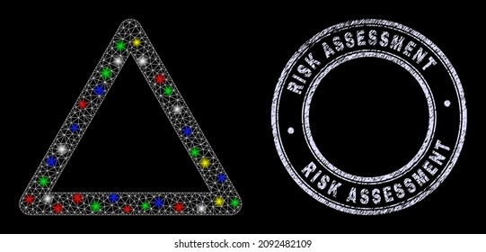 Glossy polygonal mesh net warning triangle template icon with glitter effect on a black background with Risk Assessment unclean stamp seal.
