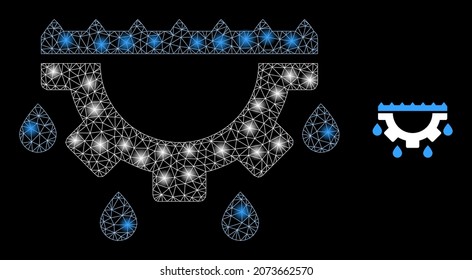 Glossy polygonal mesh net water gear drops icon with glare effect on a black background. Carcass water gear drops iconic vector with shiny dots in magic colors.