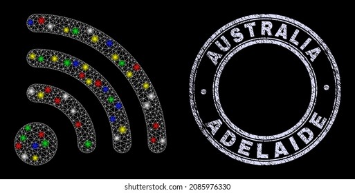 Glossy polygonal mesh net Wi-Fi point icon with glitter effect on a black background, and Australia Adelaide corroded stamp. Illuminated vector constellation created from Wi-Fi point icon,