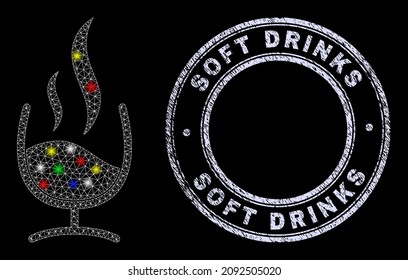 Glossy polygonal mesh net wine aroma icon with glare effect on a black background, and Soft Drinks textured seal print. Illuminated vector mesh created from wine aroma icon,