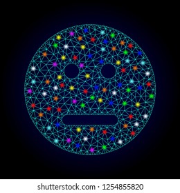 Glossy polygonal mesh neutral smiley icon with glare effect on a dark background. Carcass neutral smiley iconic vector with flash multi colored dots for Christmas templates.