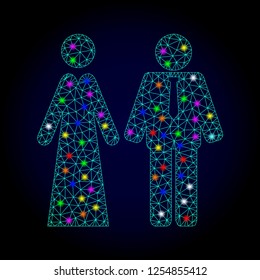 Glossy polygonal mesh newlyweds icon with glow effect on a dark background. Carcass newlyweds iconic vector with glowing multi colored spheres for Christmas templates. Abstract light blue mesh lines,