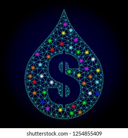 Glossy polygonal mesh oil drop price icon with glare effect on a dark background. Carcass oil drop price iconic vector with glitter multi colored spheres for Christmas posters.