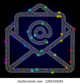 Glossy polygonal mesh open email icon with glow effect on a dark background. Carcass open email iconic vector with illuminated multi colored dots in rainbow colors. Abstract white mesh lines,