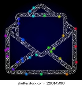 Glossy polygonal mesh open letter icon with glow effect on a dark background. Carcass open letter iconic vector with glowing multi colored points in rainbow colors. Abstract white mesh lines,