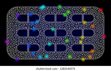 Glossy polygonal mesh pill blister icon with glare effect on a dark background. Carcass pill blister iconic vector with glamour multi colored points in spectrum colors. Abstract white mesh lines,
