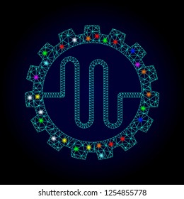 Glossy polygonal mesh pipe service cog icon with glow effect on a dark background. Carcass pipe service cog iconic vector with illuminated multi colored spheres for Christmas posters.