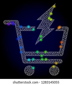 Glossy polygonal mesh proceed purchase icon with glare effect on a dark background. Carcass proceed purchase iconic vector with illuminated multi colored dots in spectrum colors.