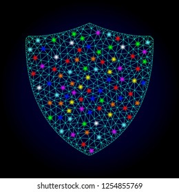 Glossy polygonal mesh protection shiled icon with glare effect on a dark background. Carcass protection shiled iconic vector with glitter colorful points for Christmas illustrations.