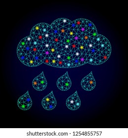 Glossy polygonal mesh rain cloud icon with glow effect on a dark background. Carcass rain cloud iconic vector with glamour multi colored points for New Year posters. Abstract light blue mesh lines,