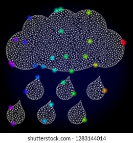 Glossy polygonal mesh rain cloud icon with glare effect on a dark background. Carcass rain cloud iconic vector with glamour multi colored dots in spectrum colors. Abstract white mesh lines,