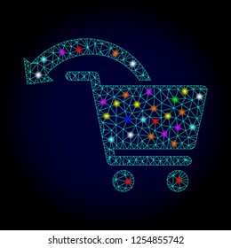 Glossy polygonal mesh refund shopping order icon with glare effect on a dark background. Carcass refund shopping order iconic vector with glitter multi colored spheres for New Year templates.