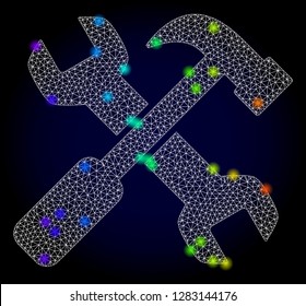 Glossy polygonal mesh repair tools icon with glare effect on a dark background. Carcass repair tools iconic vector with glitter colorful points in spectrum colors. Abstract white mesh lines,