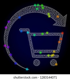 Glossy polygonal mesh repeat purchase order icon with glow effect on a dark background. Carcass repeat purchase order iconic vector with glitter multi colored spheres in spectrum colors.