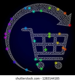 Glossy polygonal mesh repeat shopping cart icon with glow effect on a dark background. Carcass repeat shopping cart iconic vector with glitter multi colored dots in spectrum colors.