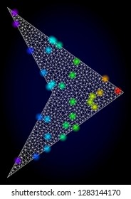 Glossy polygonal mesh right direction icon with glare effect on a dark background. Carcass right direction iconic vector with glowing multi colored spheres in rainbow colors.
