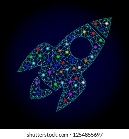 Glossy polygonal mesh rocket flight icon with glow effect on a dark background. Carcass rocket flight iconic vector with flash multicolored spheres for Christmas purposes.