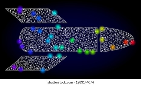 Glossy polygonal mesh rocket icon with glare effect on a dark background. Carcass rocket iconic vector with glamour multi colored dots in rainbow colors. Abstract white mesh lines,
