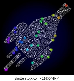 Glossy polygonal mesh rocket wine bottle icon with glare effect on a dark background. Carcass rocket wine bottle iconic vector with flash multicolored points in rainbow colors.