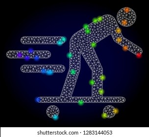 Glossy polygonal mesh roller man icon with glow effect on a dark background. Carcass roller man iconic vector with glamour multicolored dots in rainbow colors. Abstract white mesh lines,