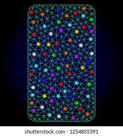 Glossy polygonal mesh rounded rectangle icon with glare effect on a dark background. Carcass rounded rectangle iconic vector with glitter multi colored dots for New Year templates.