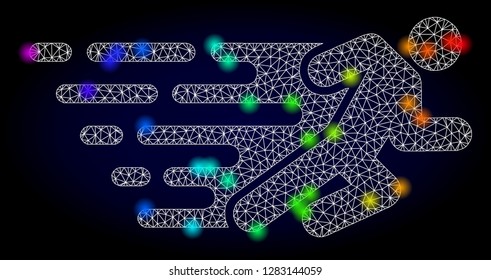 Glossy polygonal mesh running man icon with glow effect on a dark background. Carcass running man iconic vector with glowing multi colored points in rainbow colors. Abstract white mesh lines,
