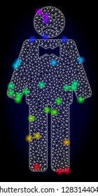 Glossy polygonal mesh sad man icon with glow effect on a dark background. Carcass sad man iconic vector with glamour multi colored dots in spectrum colors. Abstract white mesh lines,