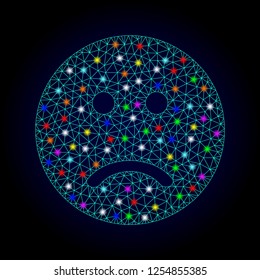 Glossy polygonal mesh sad smiley icon with glow effect on a dark background. Carcass sad smiley iconic vector with flash colorful points for Christmas purposes. Abstract light blue mesh lines,