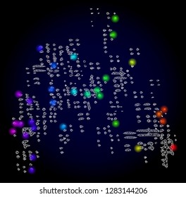 Glossy polygonal mesh sand swarm icon with glow effect on a dark background. Carcass sand swarm iconic vector with glitter multi colored points in spectrum colors. Abstract white mesh lines,