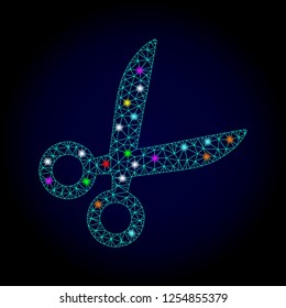 Glossy polygonal mesh scissors icon with glare effect on a dark background. Carcass scissors iconic vector with glamour multi colored points for New Year posters. Abstract light blue mesh lines,