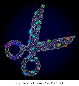 Glossy polygonal mesh scissors icon with glow effect on a dark background. Carcass scissors iconic vector with glitter multi colored spheres in rainbow colors. Abstract white mesh lines,