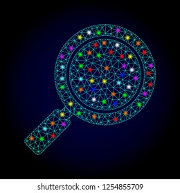 Glossy polygonal mesh search loupe icon with glare effect on a dark background. Carcass search loupe iconic vector with illuminated multicolored dots for Christmas purposes.