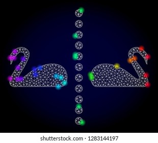 Glossy polygonal mesh separate swans icon with glare effect on a dark background. Carcass separate swans iconic vector with glowing multi colored dots in rainbow colors. Abstract white mesh lines,