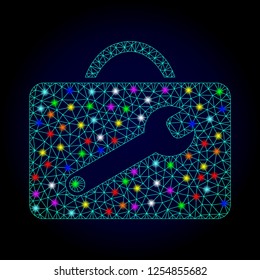 Glossy polygonal mesh service toolkit icon with glow effect on a dark background. Carcass service toolkit iconic vector with glitter multi colored dots for New Year illustrations.