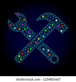 Glossy polygonal mesh service tools icon with glow effect on a dark background. Carcass service tools iconic vector with glitter multicolored points for Christmas illustrations.