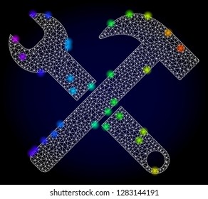 Glossy polygonal mesh service tools icon with glow effect on a dark background. Carcass service tools iconic vector with glowing multicolored spheres in rainbow colors. Abstract white mesh lines,