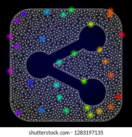 Glossy polygonal mesh share icon with glare effect on a dark background. Carcass share iconic vector with flash multi colored spheres in rainbow colors. Abstract white mesh lines,