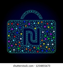 Glossy polygonal mesh shekel case icon with glare effect on a dark background. Carcass shekel case iconic vector with flash multi colored dots for Christmas purposes. Abstract light blue mesh lines,