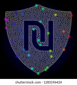 Glossy polygonal mesh shekel guard icon with glow effect on a dark background. Carcass shekel guard iconic vector with glowing multi colored spheres in spectrum colors. Abstract white mesh lines,