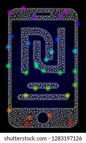 Glossy polygonal mesh shekel mobile account icon with glow effect on a dark background. Carcass shekel mobile account iconic vector with glitter multicolored dots in spectrum colors.