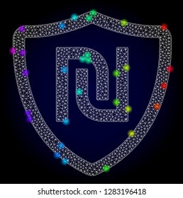 Glossy polygonal mesh shekel shield icon with glare effect on a dark background. Carcass shekel shield iconic vector with glitter colorful spheres in spectrum colors. Abstract white mesh lines,