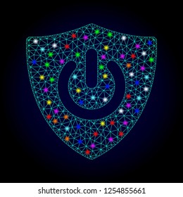 Glossy polygonal mesh shield turn off icon with glare effect on a dark background. Carcass shield turn off iconic vector with illuminated multi colored points for Christmas templates.