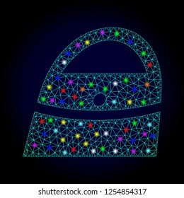 Glossy polygonal mesh shopping bag icon with glow effect on a dark background. Carcass shopping bag iconic vector with flash colorful points for Christmas posters. Abstract light blue mesh lines,