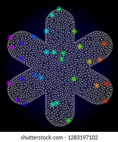 Glossy polygonal mesh simple snowflake icon with glare effect on a dark background. Carcass simple snowflake iconic vector with glitter multi colored dots in rainbow colors. Abstract white mesh lines,